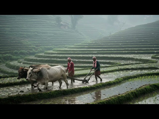 Free Green Screen Footage | Farmers Plowing Field | Rice Terraces Background Video