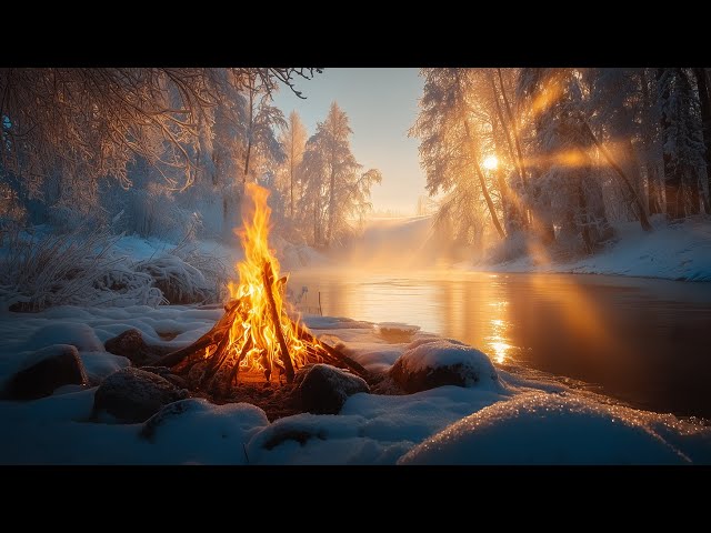Peaceful Winter Campfire by a Frozen River with Gentle Firelight and Calm Morning Mood 🔥❄️✨