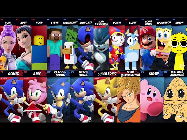 Sonic vs Mario vs Minecraft vs Roblox vs Fortnite vs Bluey vs SpongeBob vs Goku | Super Smash Bros
