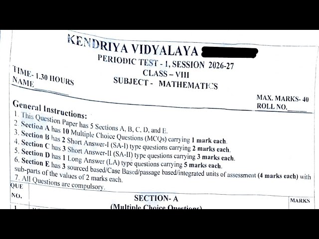 Class-8 Maths (2) / Periodic Test-1 PT-1 Paper PM SHRI KENDRIYA VIDYALAYA Question Paper 2026-27