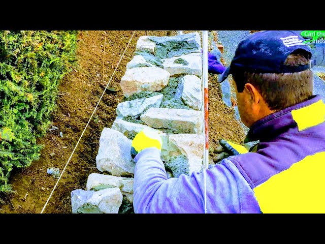 NATURAL STONE RETAINING WALL, DETAIL TIPS ADVICE HOW TO BUILDING TUTORIAL, ROCK MASONRY CONSTRUCTION