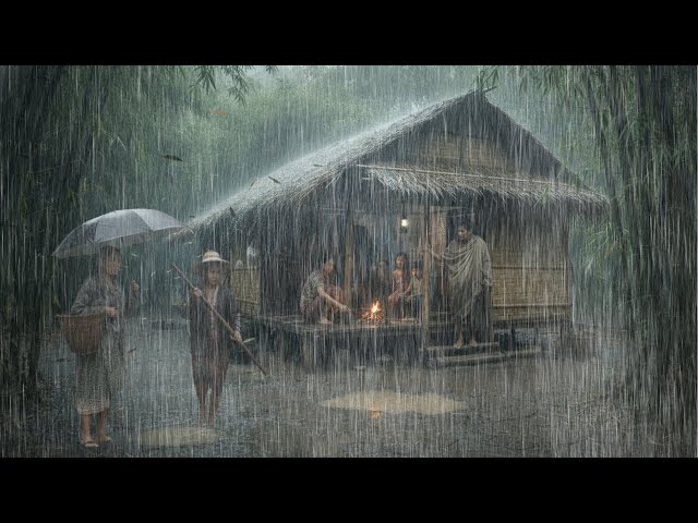 Heavy rain sounds for sleep 🌧️ Beautiful thunderstorm walk in an Asian village