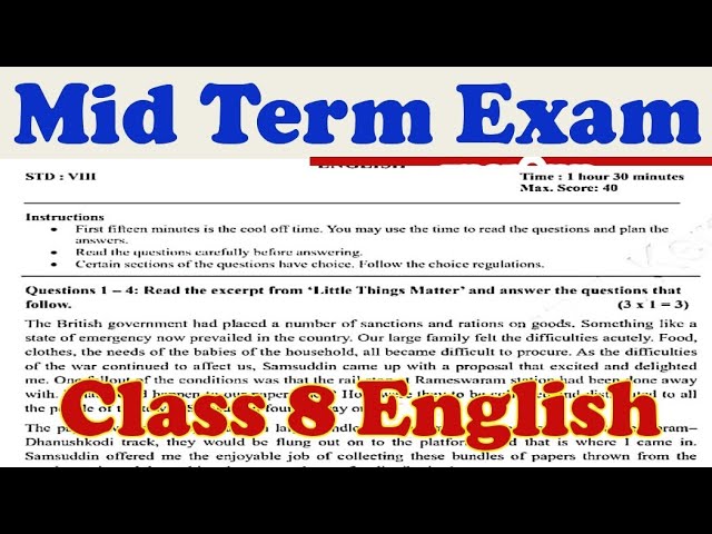 Mid Term Exam question paper 2025 | Class 8| English| New textbook| #class8_english_midterm_exam