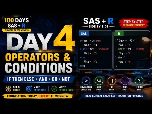 SAS + R Operators, Conditions & IF THEN ELSE Explained 👍 Clinical Programming Telugu 👌 Day 4/100👍👌