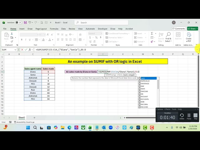 An example on SUMIF with OR logic in Excel