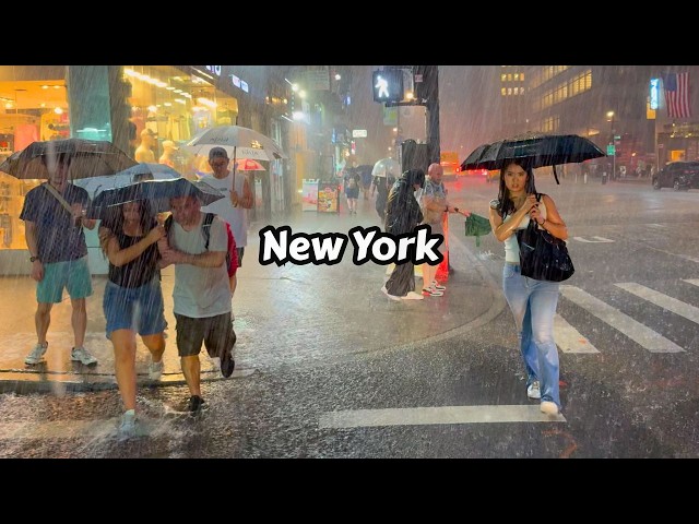 Walking In Heavy Thunderstorm At Night In NYC Flash Flood Warning