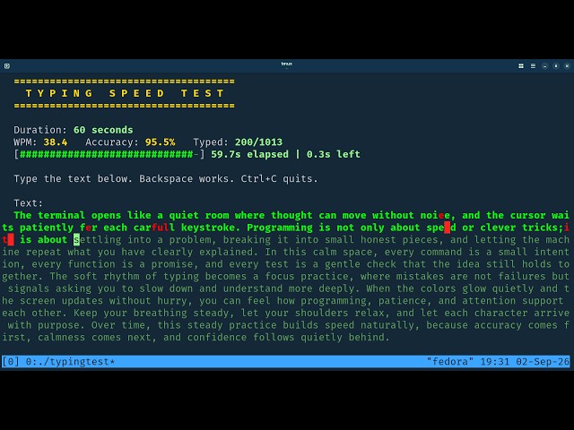 I Built a Beautiful Typing Speed Test App in C (Live WPM & Accuracy) | Neovim, tmux & ASMR Coding