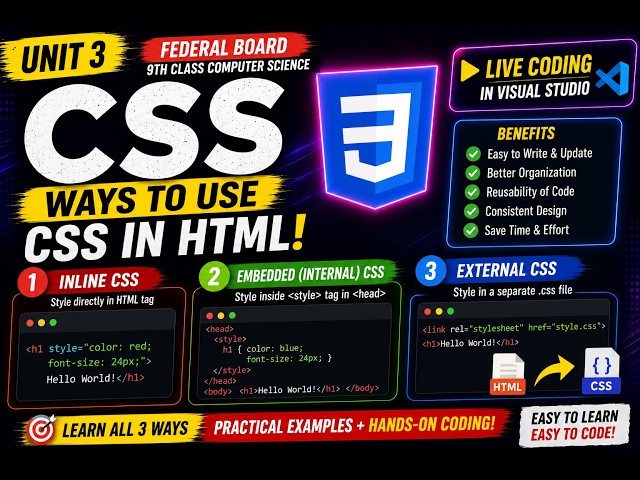 Unit 3 | 9th Class | Computer Science | Inline, Internal & External CSS | Live Coding | FBISE 2026