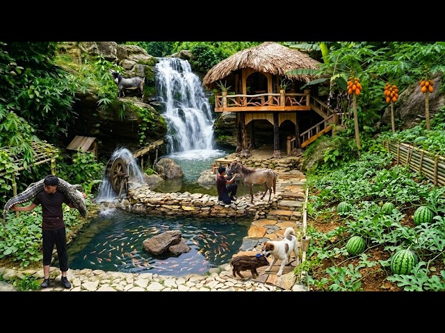 Full Video: 100 Days Building a Bushcraft House & Pool by the Waterfall | Facing Predators Off-Grid