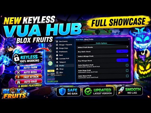 BEST KEYLESS VUA HUB BLOX FRUITS | Full Script Showcase & Features