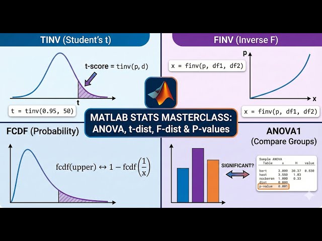 MATLAB Statistics Explained | TINV, FINV, FCDF & One-Way ANOVA (Critical Values & p-Values)