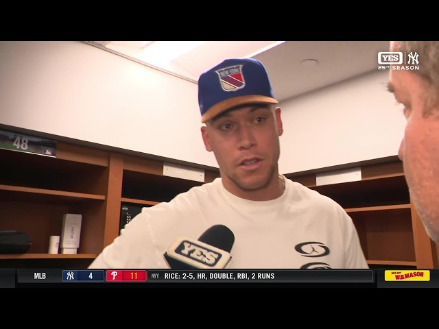Aaron Judge meets with the media following the Yankees' 11-4 loss to Philadelphia