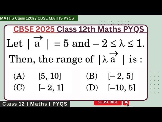 Let |a|= 5 and - 2 ≤ lambda ≤ 1 Then, the range of | λ a | is #cbse #mathspyqs