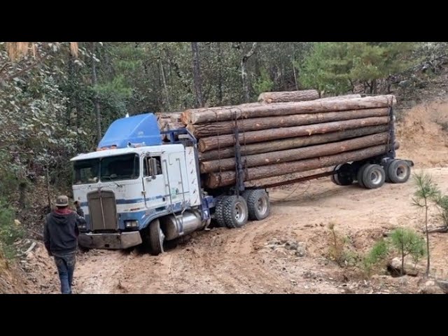 Risky driving skills on Dangerous logging muddy Road.