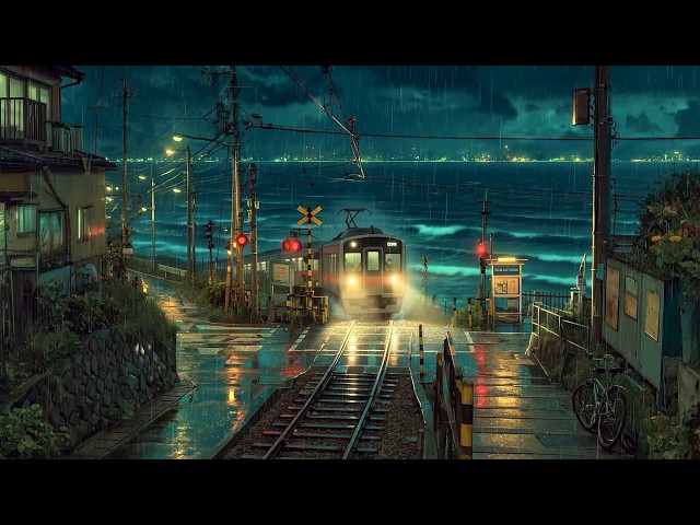 Cosy Sea Railway 🌧️ Passing Train Every 15 Min & Rainy Ocean Lofi for Deep Study & Sleep