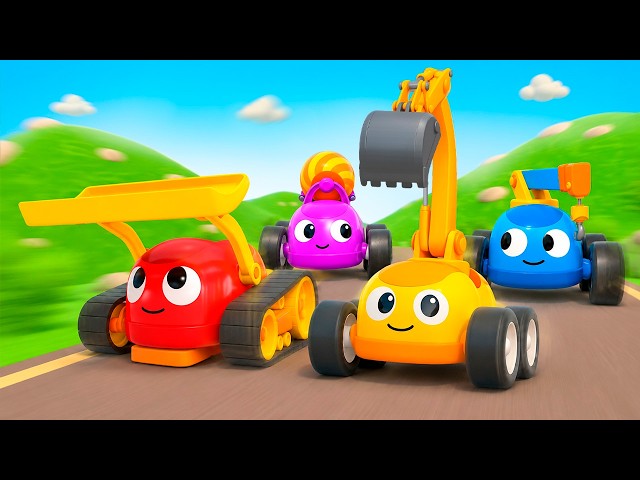 Small construction vehicles are building a barn to save vegetables and fruits on a farm.
