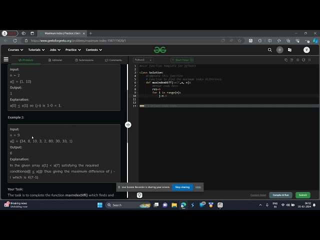 Maximum Index GFG POTD Python Solution geeks for geeks problem of the day python solution