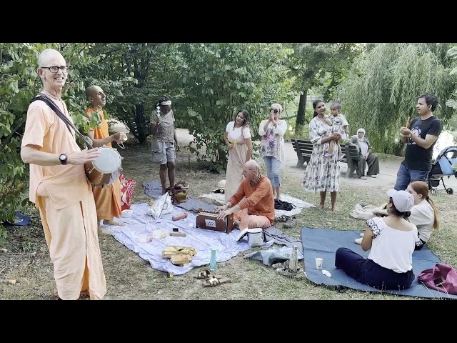 Madhurpati Prabhu Chants Hare Krishna at a Sunday Park Program in Lyon and Attendees Dance