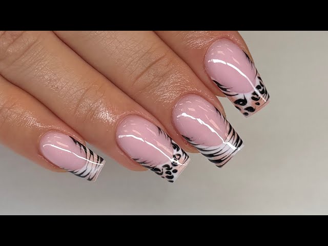 Animal Print Nails Design - Pink and White French Tutorial - Acrylic Nails Step by step 