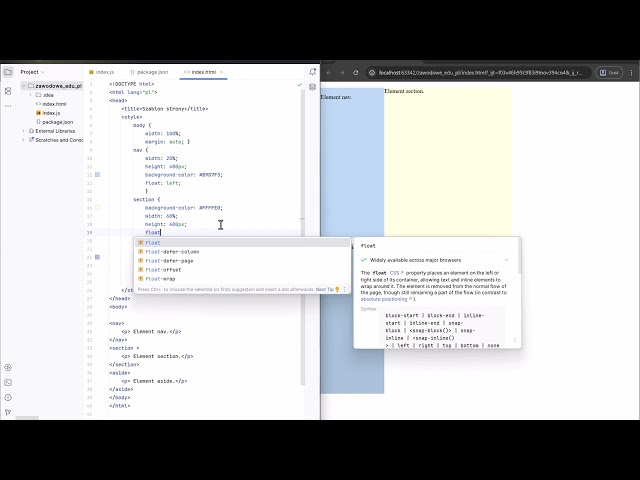 Na podstawie filmu wskaż, która cecha dodana do stylu CSS zamieni miejscami bloki aside i nav...