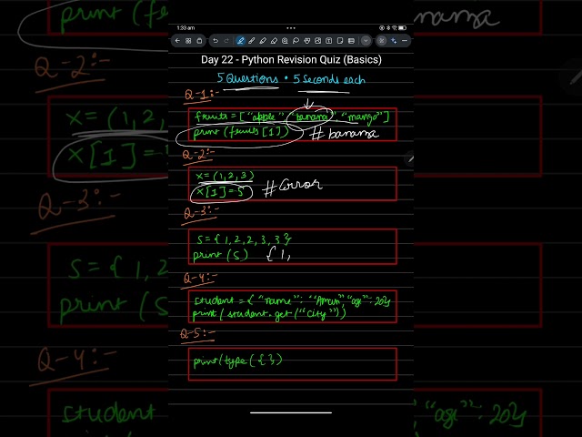 Python Day 22 | Revision Quiz | Lists Tuples Sets Dict