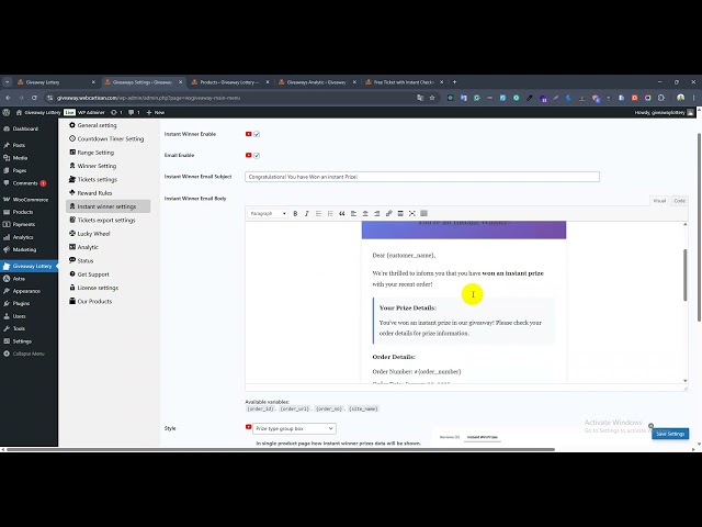 Instant Winner Email Body