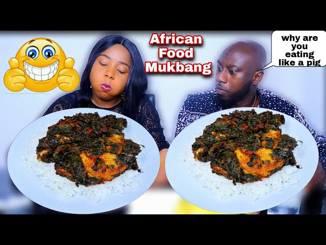 BAD TABLE MANNER MUKPRANK ON HUSBAND | WHITE RICE AND VEGETABLE STEW | AFRICAN FOOD MUKBANG