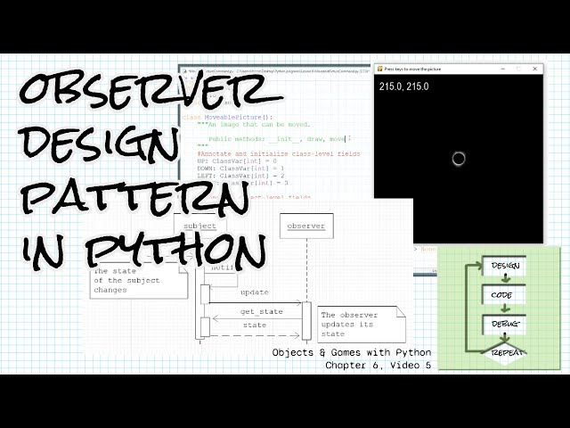 Observer design pattern in Python; Objects & Games w/ Python Ch 6 Video 5