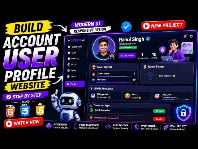🚀 Build User Profile Dashboard Website Using HTML CSS JavaScript | Complete Project