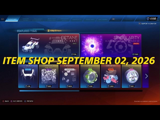 Rocket League ITEM SHOP SEPTEMBER 02, 2026 - Black Octane / Titanium White Fennec / YEEHAW GE