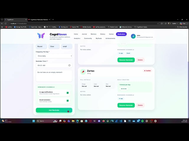 CogniHaven Demo: Smart Medication Reminders & Notifications | React + Spring Boot