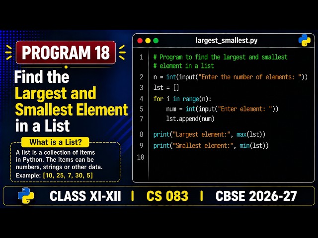 Largest and Smallest Element in a List | Program 18 | Python | Class 11-12 CS 083