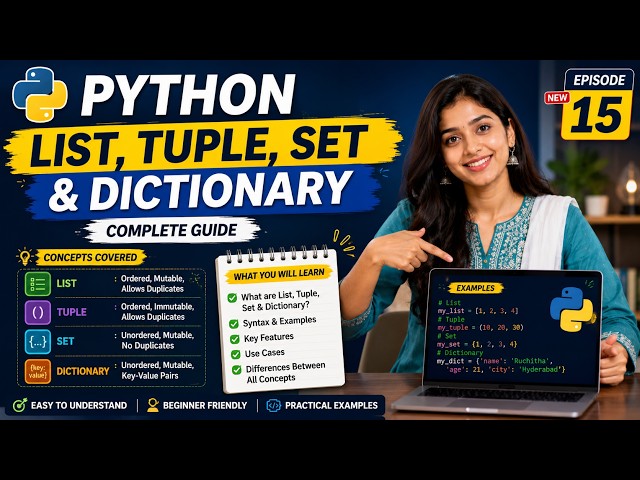 Python Lists, Tuples, Sets & Dictionaries | Python Data Structures Explained in Telugu | By Ruchitha