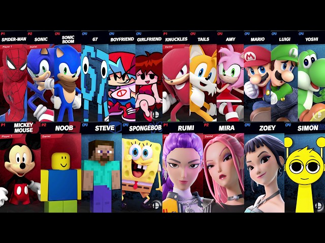 Sonic vs Mario vs Spider-Man vs Mickey vs SpongeBob vs Minecraft vs Roblox in Super Smash Bros