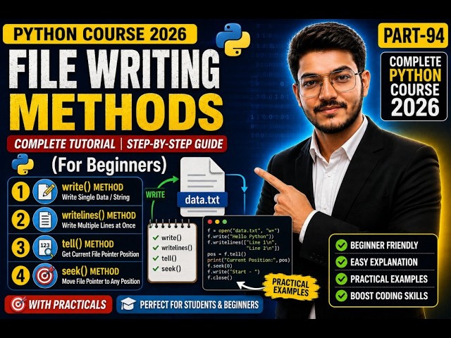 Python File Writing Methods in Hindi | write(), writelines(), tell() & seek() Explained | Part-95