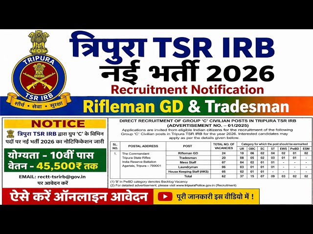 TSR IRB Recruitment 2026✅ Notification 10th Pass🔥TSR IRB New Vacancy 2026 #tsr #tripura #ssc #sscgd