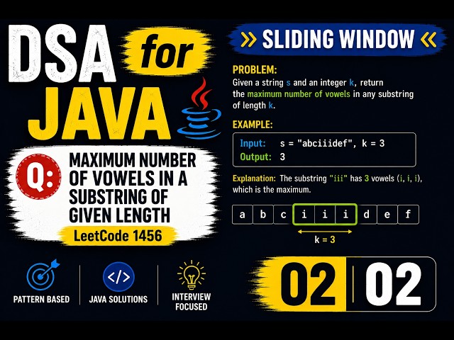 Dsa for Java 02 02 || Maximum number of Vowels in a Substring of a given length  || Leetcode1456