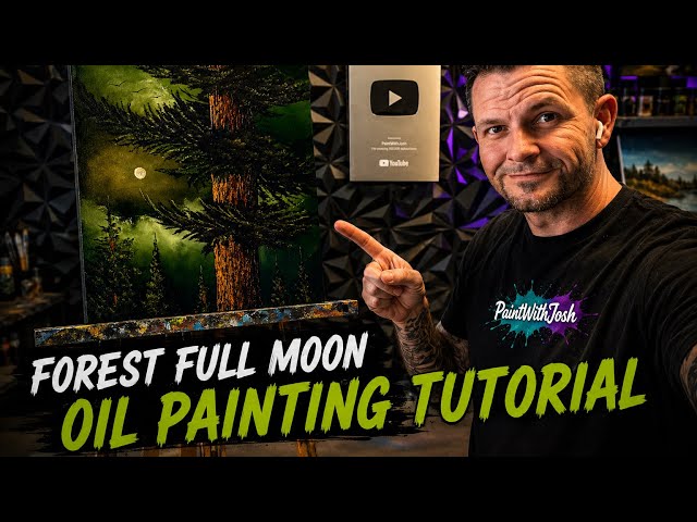 Literally EVERY SINGLE STEP - Full Moon Pine Tree Tutorial #bobross #PaintWithJosh #paintingtutorial