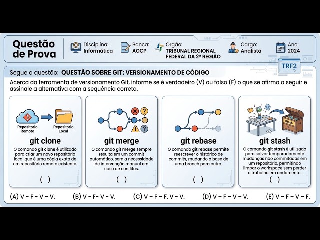 [TRF-2] Questão de Prova Comentada - Informática - Analista - AOCP -  2024 - Comandos do GIT
