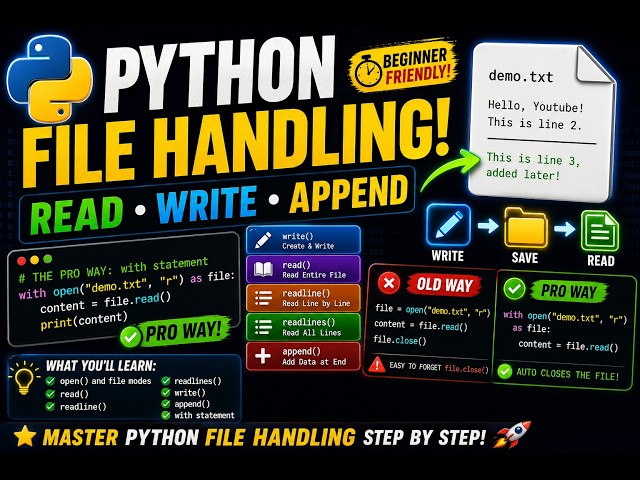 Python File Handling Explained 📁 | open(), read(), write(), append() & with Statement