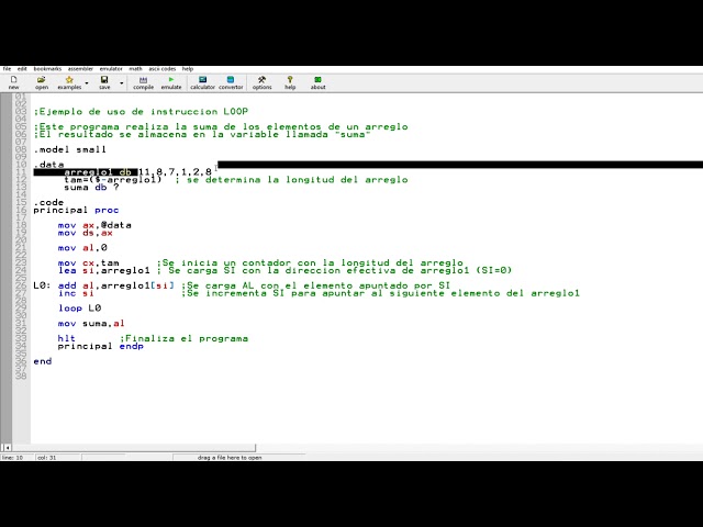 Instrucciones LOOP, LOOPZ, LOOPE, LOOPNZ y LOOPNE en lenguaje ensamblador en EMU 8086