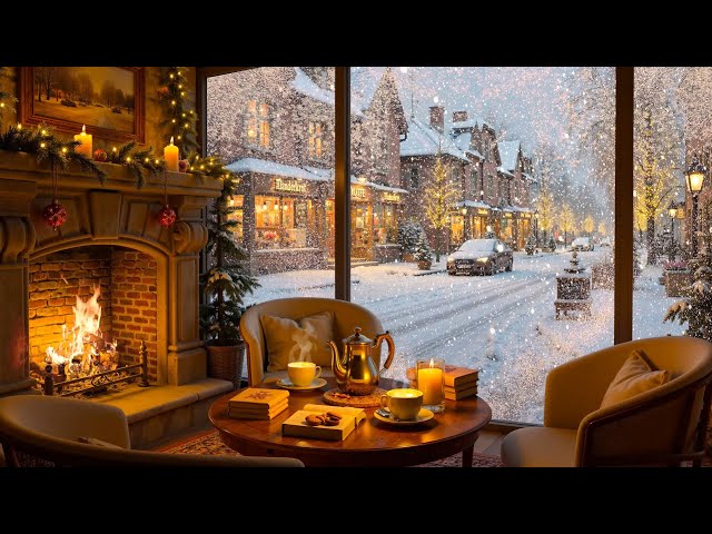 Coffee Relaxing Music with Firelace in Winter Snow by Window ☕ Smooth Jazz Music for Work, Study