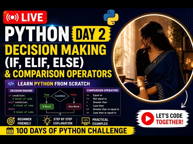 🔴 Python Live Class | Day 2 - Decision Making (if, elif, else) & Comparison Operators | Python for
