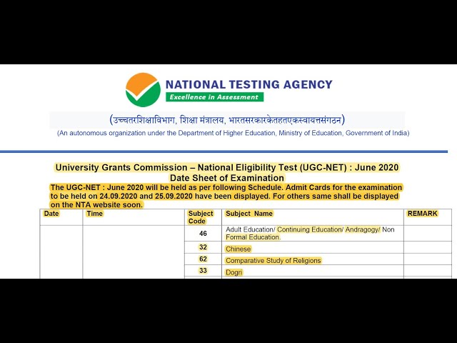 UGC NET June 2020 Exam Schedule (Sept-Oct-Nov) | Check Subject-Wise Exam Dates & Shifts | NTAUGCNET