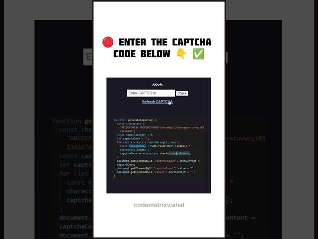 Generate CAPTCHA Code in JavaScript using Random Function | JS Logic Short #javascript