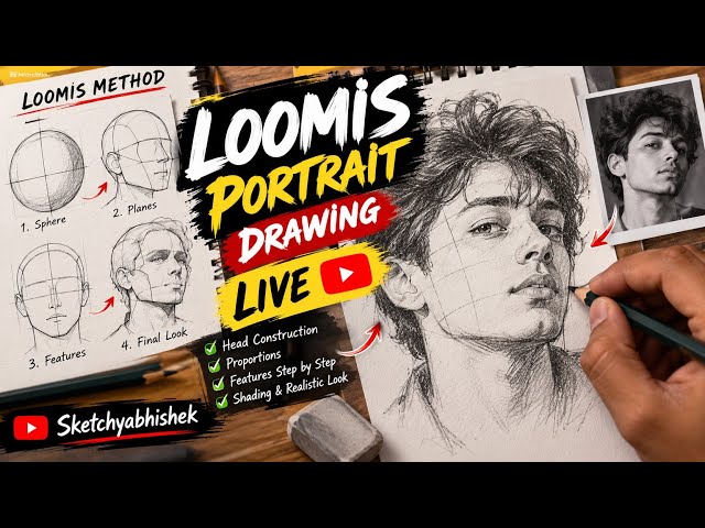 LOOMIS PORTRAIT DRAWING LIVE 🔴 | Learn Realistic Portrait Step-by-Step | Sketchyabhishek