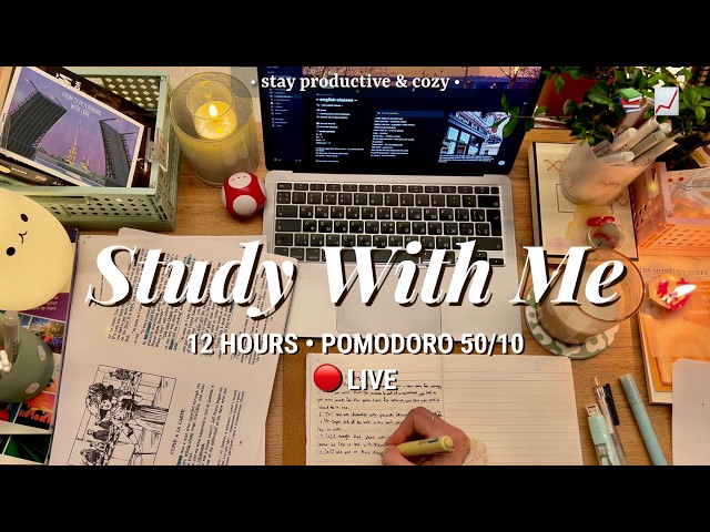 [LIVE] 12 HR • STUDY WITH ME • Pomodoro 50/10 Deep Focus | Fireplace sound