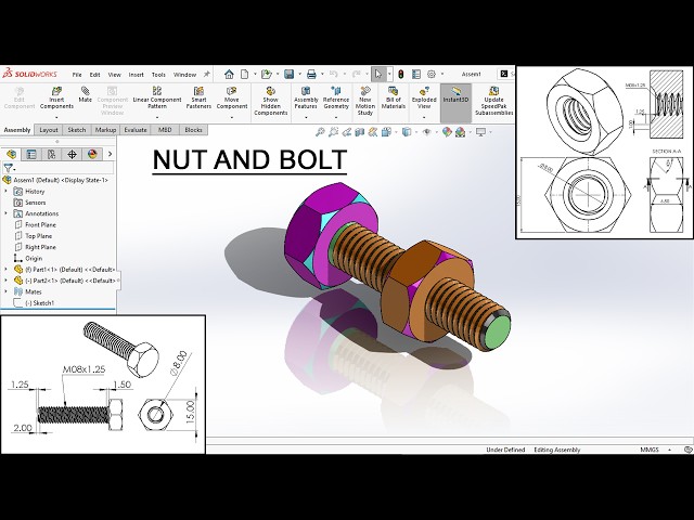 SOLIDWORKS Bolt and Nut Design with Assembly Step by Step, Beginner Tutorial