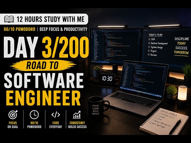12 Hours Study With Me 💻 | Day 3/200 — Road to Software Engineer (60/10 Pomodoro Deep Focus)