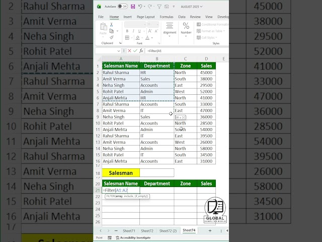 How to Get Salesman Wise Data using FILTER Function in Excel | Filter Function 🔥 #excel #exceltips